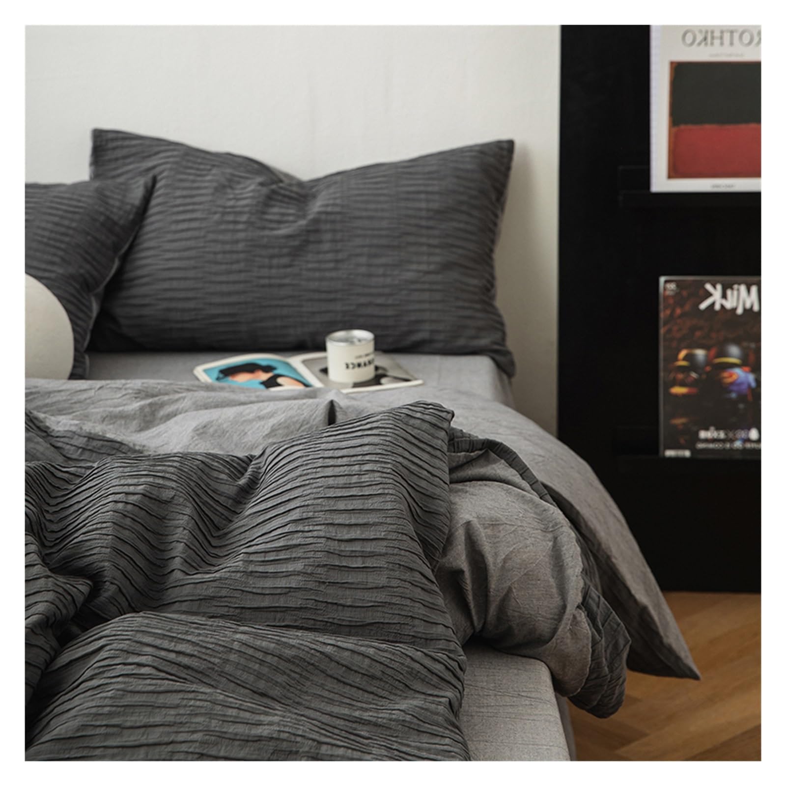 Housse de couette noire en coton lavé froissé 4 pièces pour lit simple