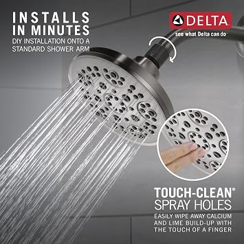 Delta 5-Setting Brushed Nickel Shower Head, 6 Inch Round Shower Head, Showerheads, 1.75 GPM Flow Rate, Spotshield Brushed Nickel 75570SN