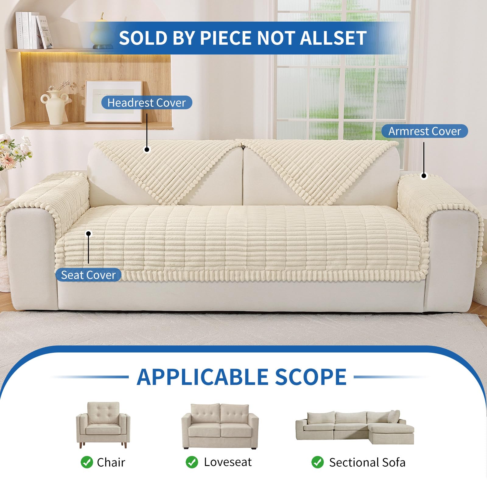 YSTELLAA Funda Sofa Franela, Funda para Sofá Universal Antideslizante, Cubre Sofa Forma L Y De Esquina, Fundas Sofa Chaise Longue para Salón Y Sofá De Varias Medidas(Beige, 90x240cm)