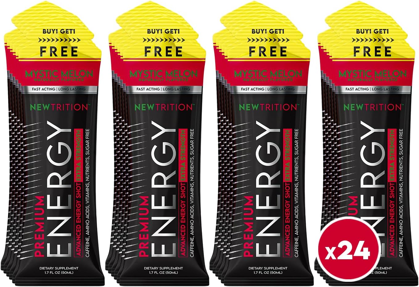 NewTrition® Extra Strength Energy Shots, 1.7 fl oz - 250mg Caffeine with Vitamin B & Amino Acids, Sugar-Free, Zero Calorie Vitamin Energy Drink for Focus & Endurance (Pack of 24, Mystic Melon)