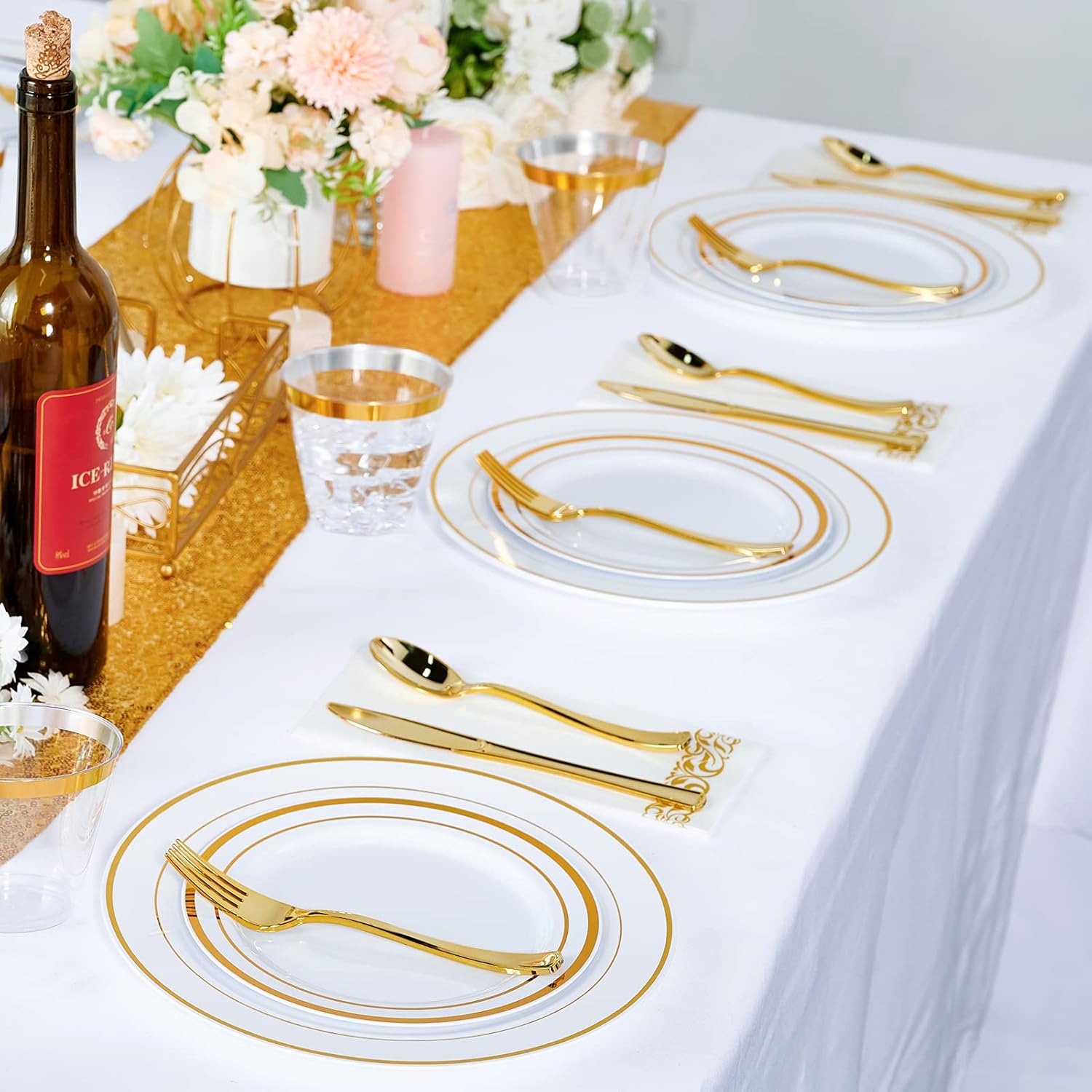 Vplus 600 Count Gold Dinnerware Set, 200 Plastic Plates, Set of 300 Silverware, 100 Cups, Disposable Gold Plastic Dinnerware for Party or Wedding