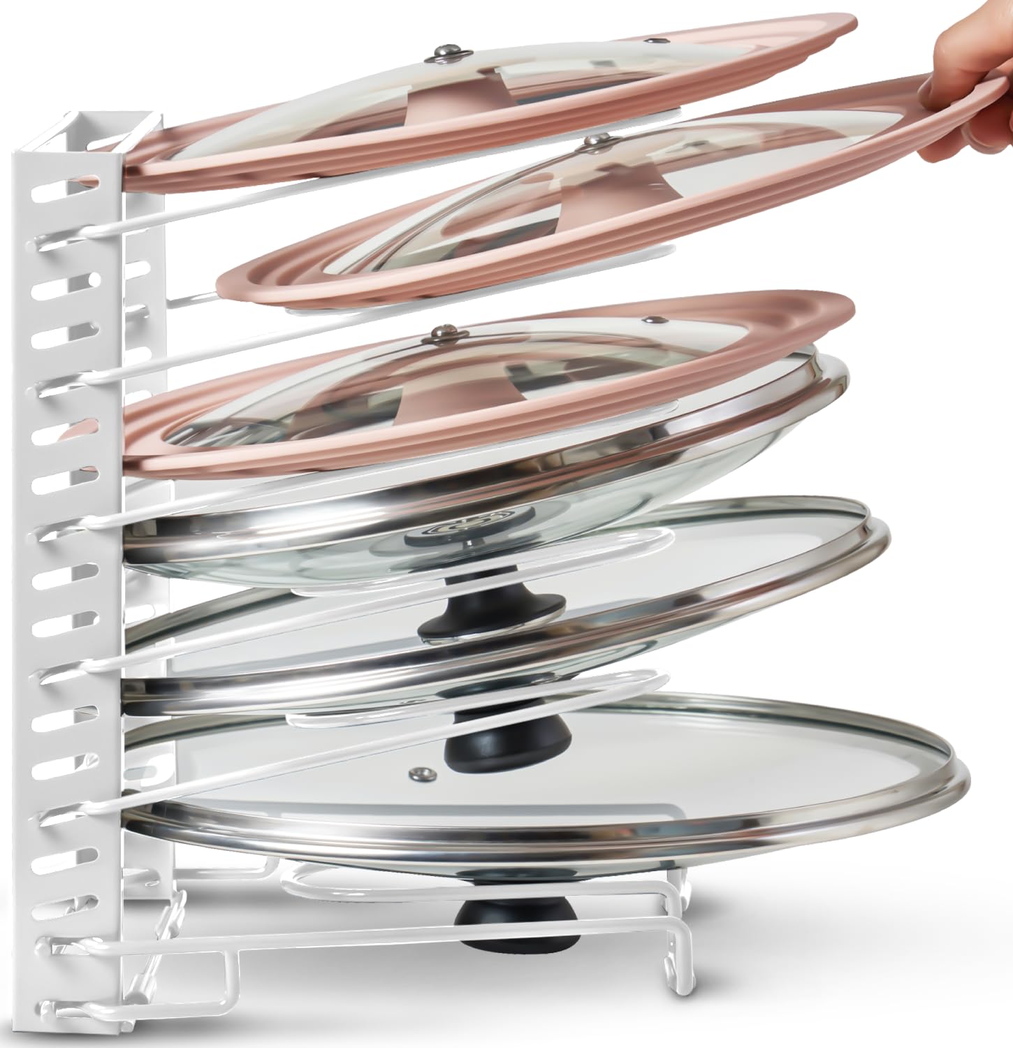 Free-Standing Adjustable Pot Lid Organizer for Cabinet - Kitchen Storage Rack 6 Adjustable Shelves, Pot Lid Holder, Pan and Pot Rack Organizer, Pantry