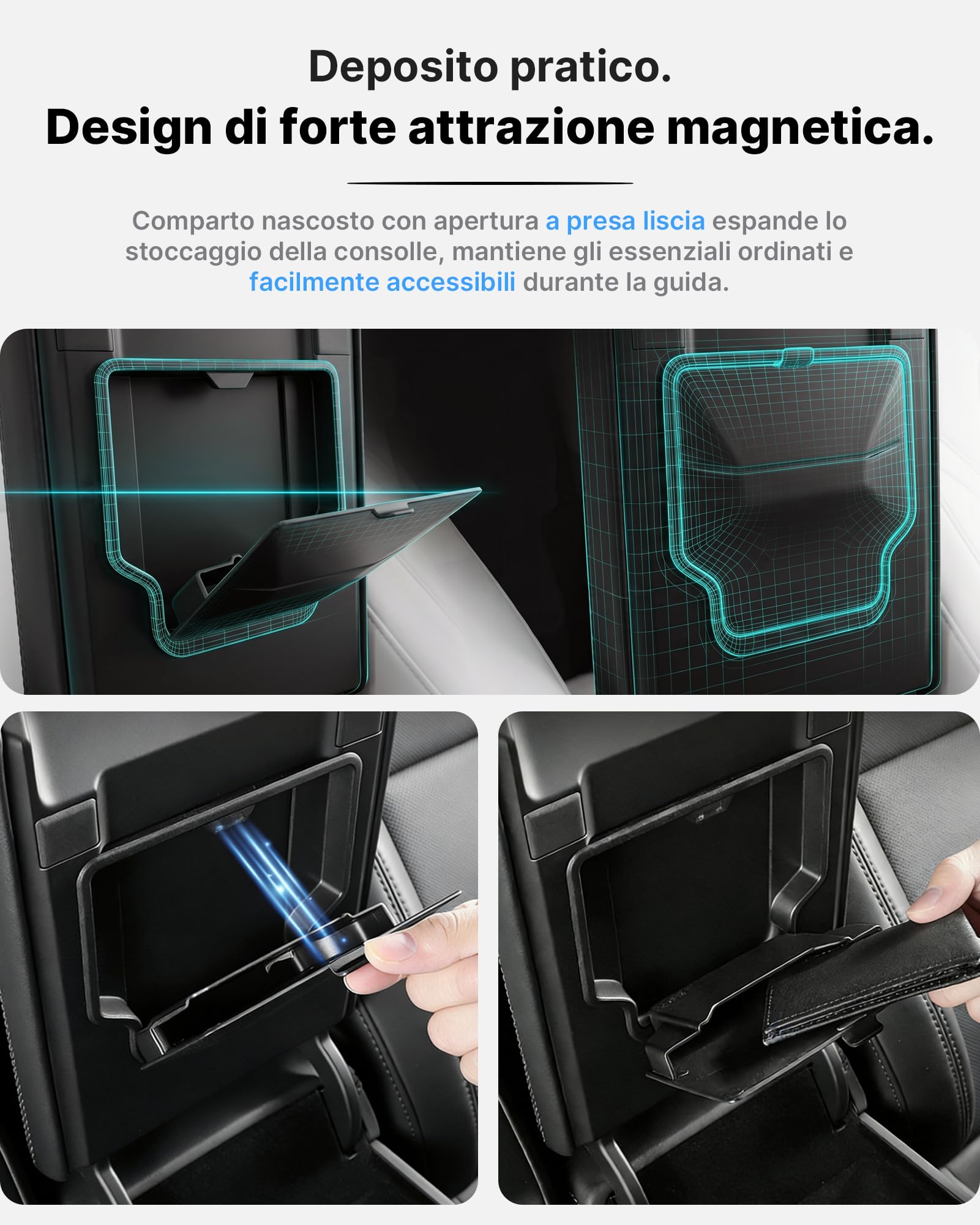Set 4 Organizer Per Consolle Centrale Tesla Model 3 Highland 2024-2026 & Model y Juniper 2025-2026 (Premium/Performance) – Vano Magnetico Nascosto, Antiscivolo, Senza Attrezzi