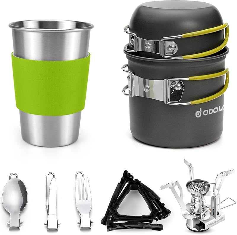 Juego de estufas para utensilios de cocina de camping con ollas 1.2L/0 .6L y estufa profesional | Taza de acero inoxidable, soporte para tanque, mosquetón, trípode con soporte para botes, kit de cuchillo con cuchara para mochilero, picnic de senderismo