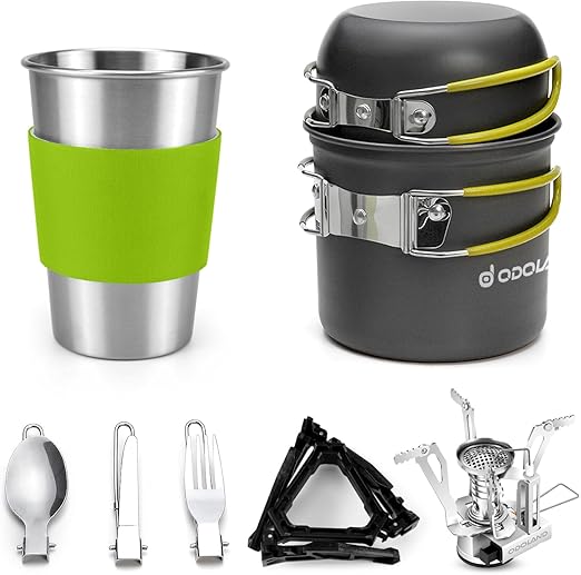Odoland Camping Cookware Stove Carabiner Canister Stand Tripod and Stainless Steel Cup, Tank Bracket, Fork Spoon Kit for Backpacking, Outdoor Camping Hiking and Picnic
