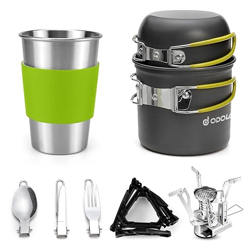 Odoland Camping Cookware Stove Carabiner Canister Stand Tripod and Stainless Steel Cup, Tank Bracket, Fork Spoon Kit for Backpacking, Outdoor Camping Hiking and Picnic