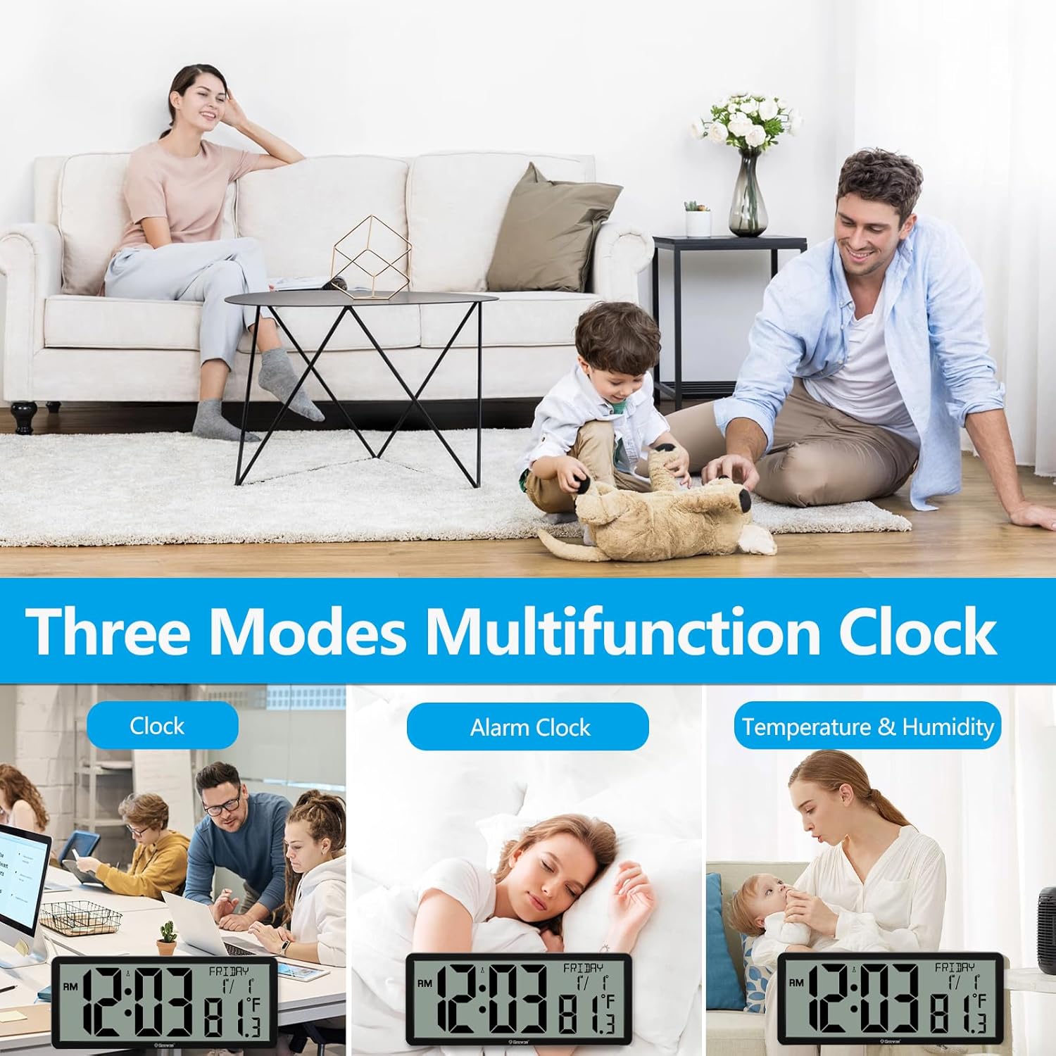 Geevon 14.3" Atomic Wall Clock Battery Operated, Large Atomic Digital Wall Clock with Indoor Temperature and Humidity, Date, 4.4" Jumbo Digits for Home Office Elderly Living Room, Dining Room