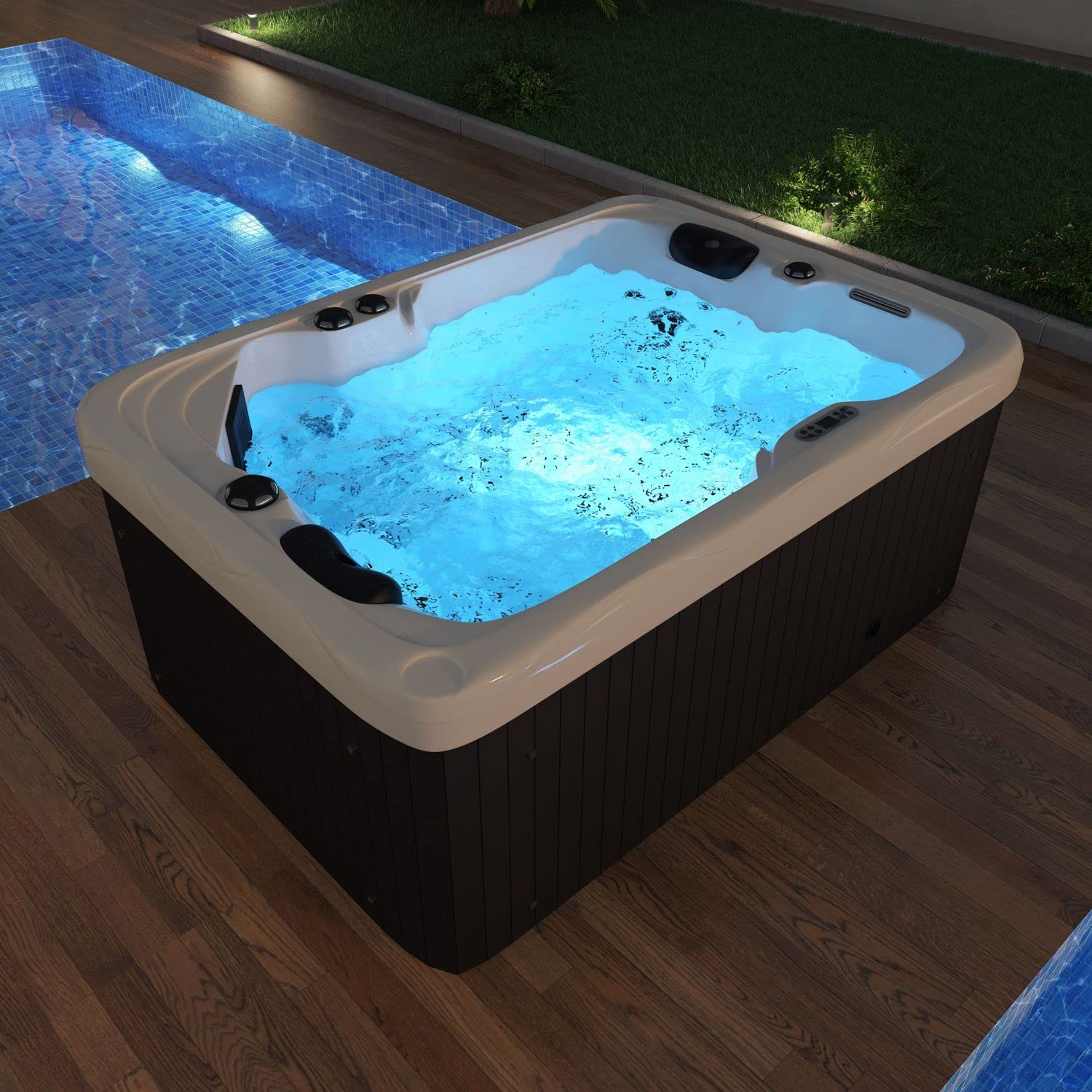 Tronitechnik® Outdoor Whirlpool, 2,2kW Pumpe, 3kW Heizung - Maße 190 x 135 x 77cm - Inkl. Heizung, 41 Massagedüsen und 16 Lichtquellen | Außen Whirlpool Spa für 2 Personen