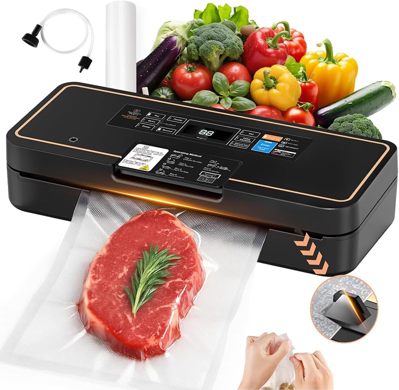 Vacuum Sealer for Food, Food Saver, 95kPa, Easy Tear Cutter, 9-in-1 | Fast 12L/min 135W food vacuum sealer machine with digital timer, cutter & bag storage, 10 ft bag roll, dry/moist/pulse modes