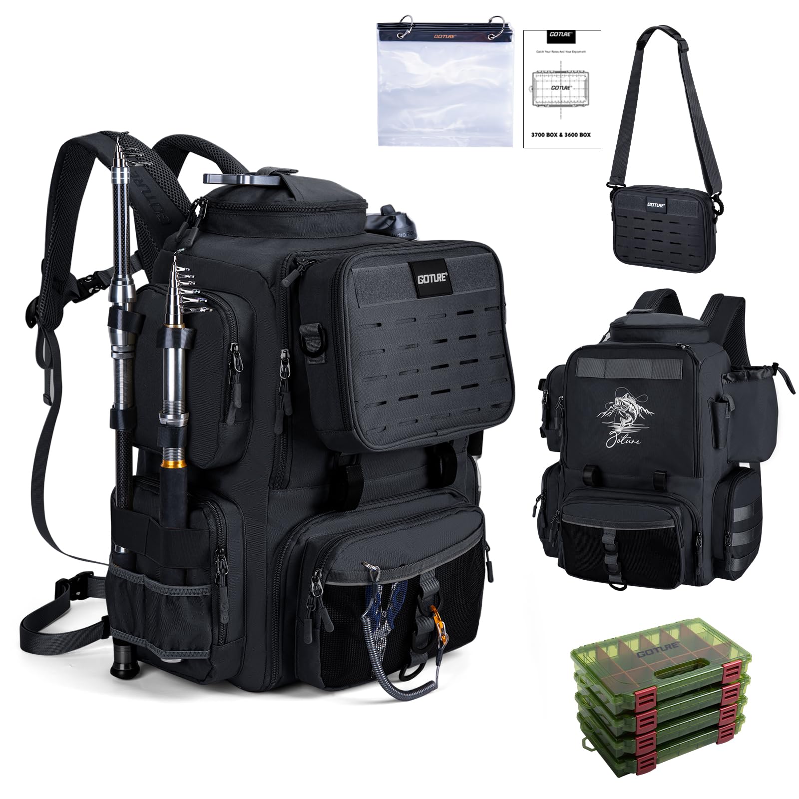 Goture 58L Fishing Tackle Backpack with 4 Tackle Boxes, Detachable Crossbody Bag, 900D Water-Resistant Fishing Bag with Rod Holders, 8 Lure Pockets, Bottle Holder for Camping Hiking Black