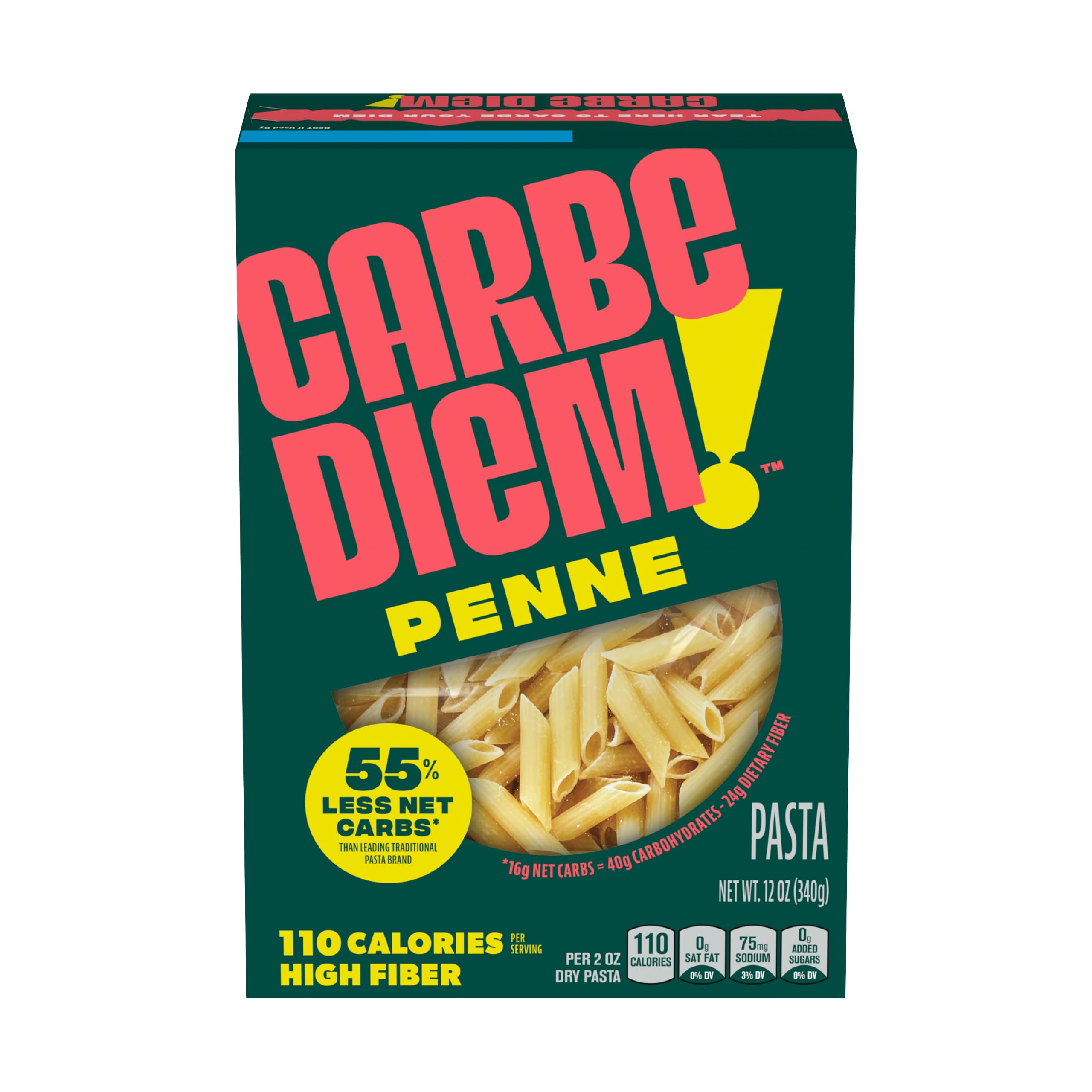 Carbe Diem! Penne Pasta, 12 oz | 16g Net Carbs per Serving, 24g Dietary Fiber, 110 Calories, Low-Carb Pasta Alternative