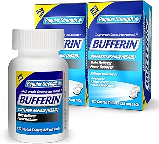 Bufferin Aspirin 325mg, Pain Reliever & Fever Reducer, with 3 Buffering Agents Relieves 7 Types of Pain: Headaches, Back Ache, Arthritis, Muscle Aches & More, for Adults, 130 Coated Tablets, 2-Pack