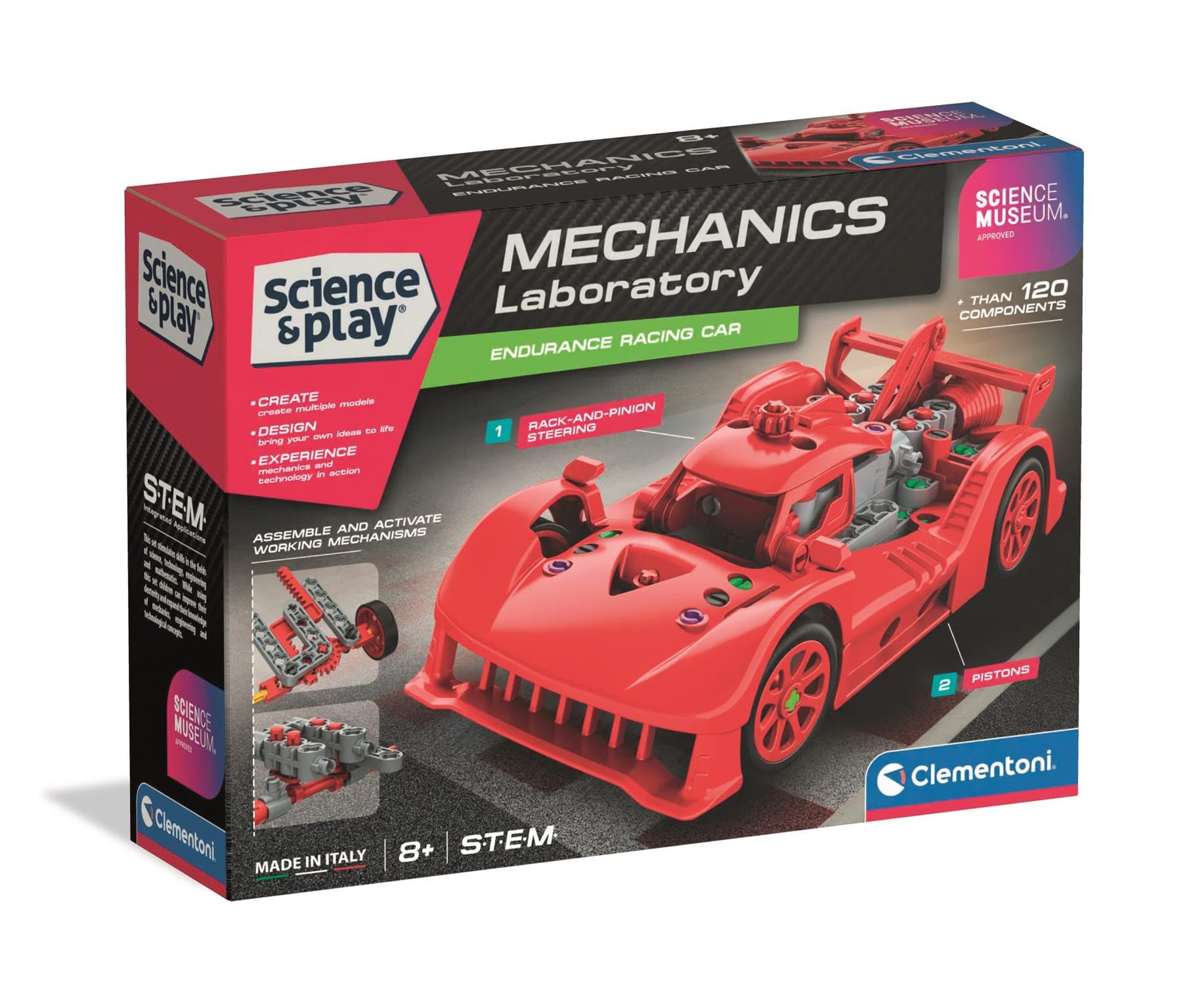 Clementoni Science&Play Mechanics Laboratory - Le Mans Racer Red, STEM Building Set, For Kids 8+ Years, Made in Italy, 61573
