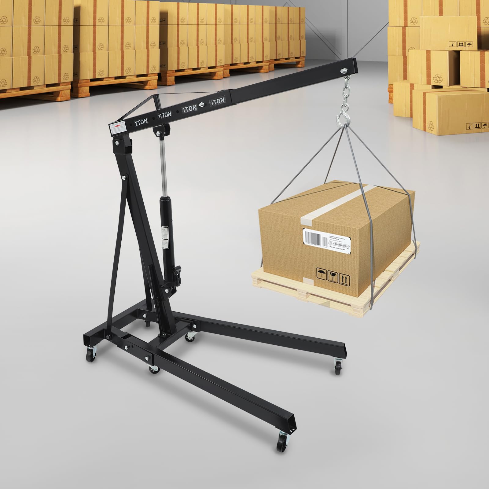 Gru pieghevole da 2 tonnellate, 148 x 90 cm, 0-210 cm, altezza di sollevamento, in acciaio al carbonio, nero, a 4 livelli, per officina, garage, auto, camion, motore