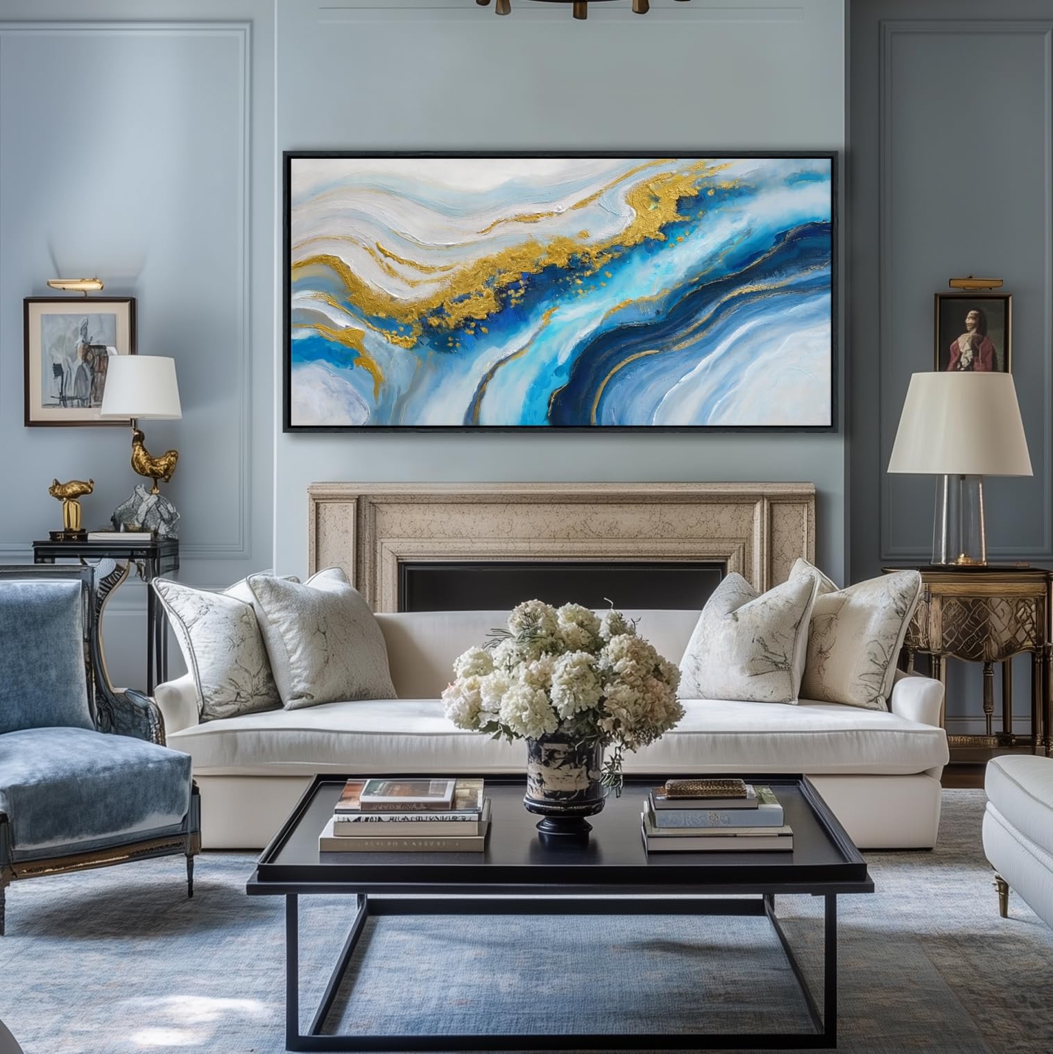 Abstract Canvas Blue Wall Art for Living Room - Modern Gold Wall Art, Office Wall Decor, Above Bed Wall Decor, Large Pictures for Bedroom Framed Artwork for Walls 20×40IN