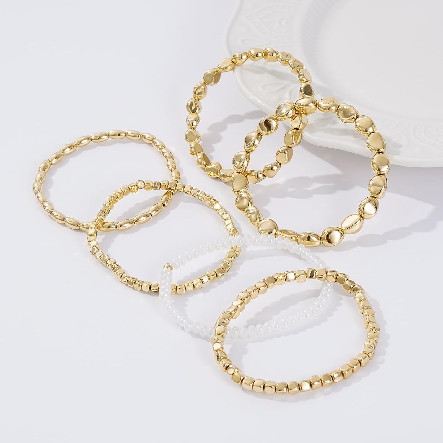 Gold Plated Beaded Bracelets for Women Trendy, 14K Gold Plated Stack Cross Pearl Gold Plated Bead Stretch Bracelets Set Elastic Hypoallergenic Bracelets Jewelry Gifts - Image 6