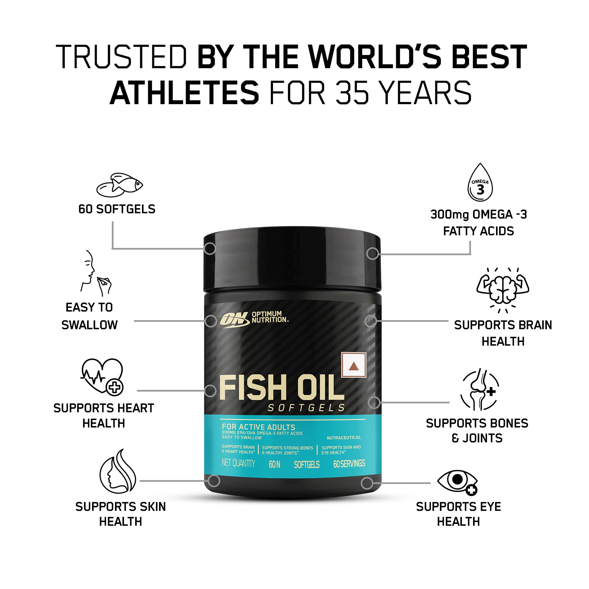 Optimum Nutrition (ON) Fish Oil - 60 Capsules, 300mg EPA/DHA Omega -3 Fatty Acids for Strong Bones-Healthy Joints, Brain, Heart, Skin & Eye Health