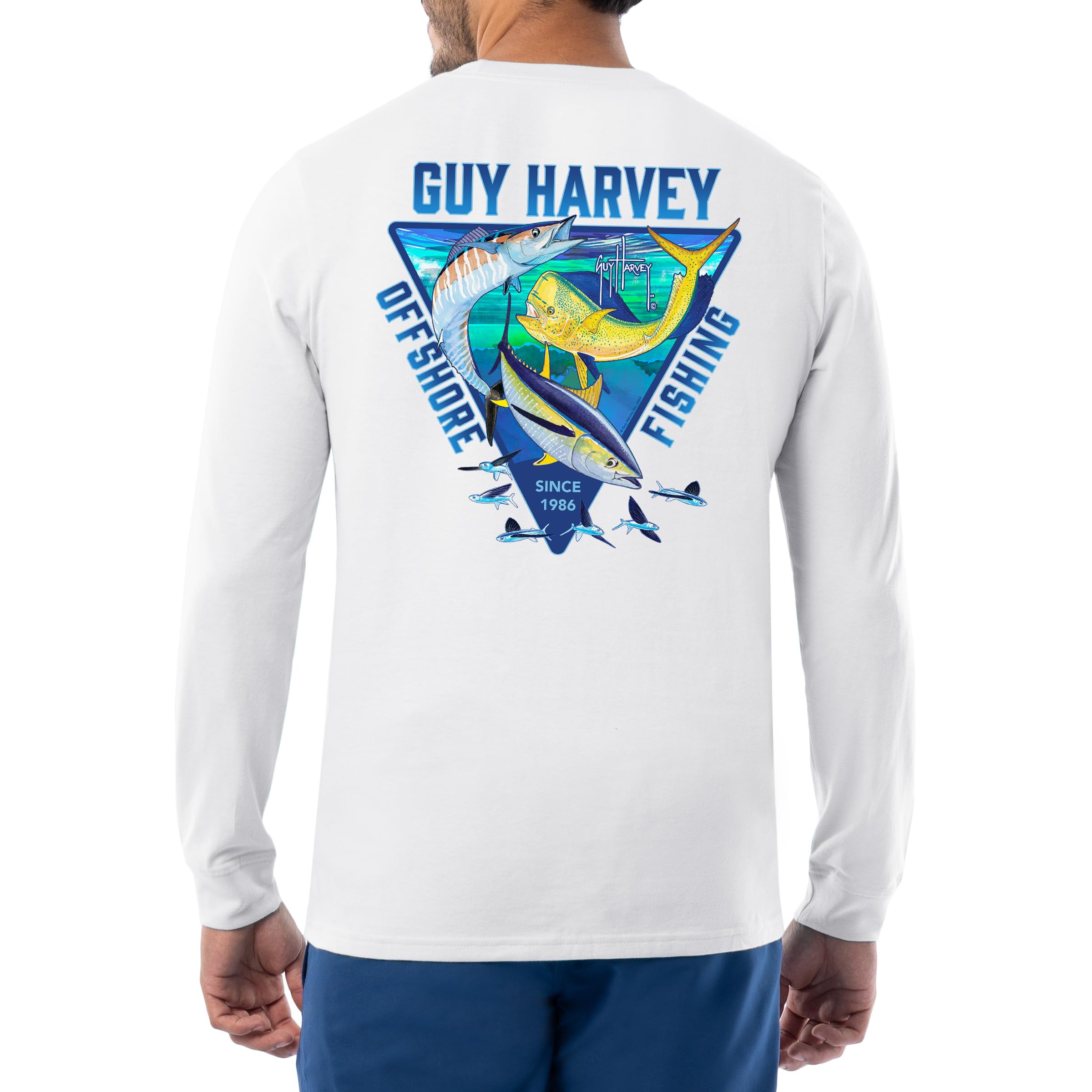 Guy Harvey Men’s Offshore Fish Collection Long Sleeve T-Shirt, Bright White/Trifecta, S