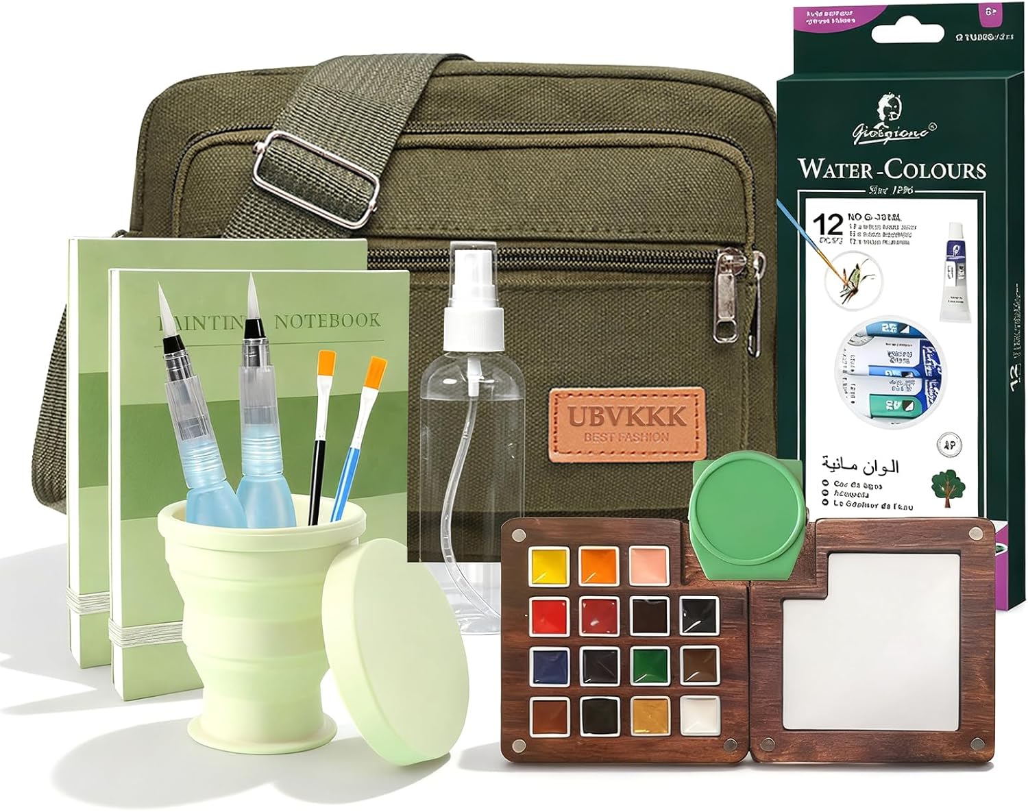 Mini Watercolor Travel Set, 15 Grid Wooden Palette Travel Watercolor Kit with Clip, Foldable Cup, Brushes, Bag, 12 Colors, 2 Sketchbooks & Spray Bottle – Gift for Painters, Art Lovers & Beginners