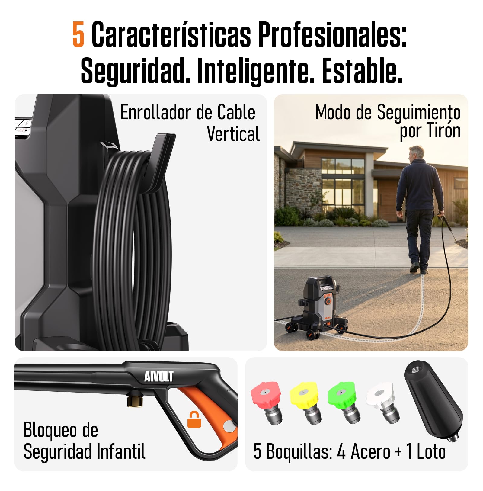 AIVOLT Hidrolimpiadora de Alta Presión 1800W, 170 Bares | con 5 Boquillas de Modos Diferentes y Manguera de 7,6 Metros, Caudal Máx 360 L/H, para Hogar, Suelo, Cristales y Coche ect.
