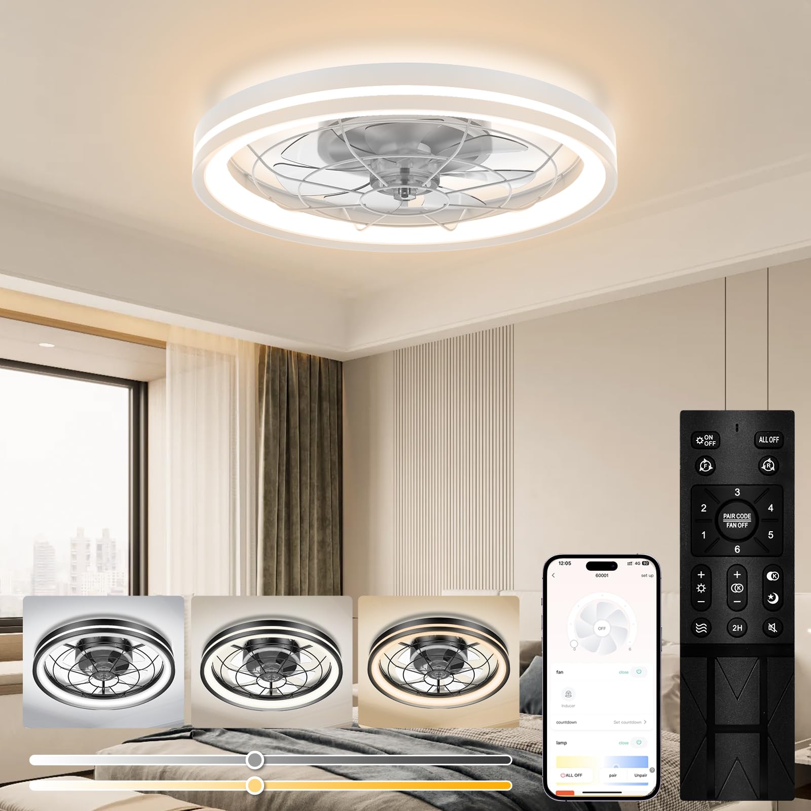 Ceiling Fans with Lights Flush Mount, White Low Profile Modern Ceiling Fan with Remote, Dimmable and Reversible LED Fan Light with 6 Wind Speeds for Bedroom and Living Room, DC Motor