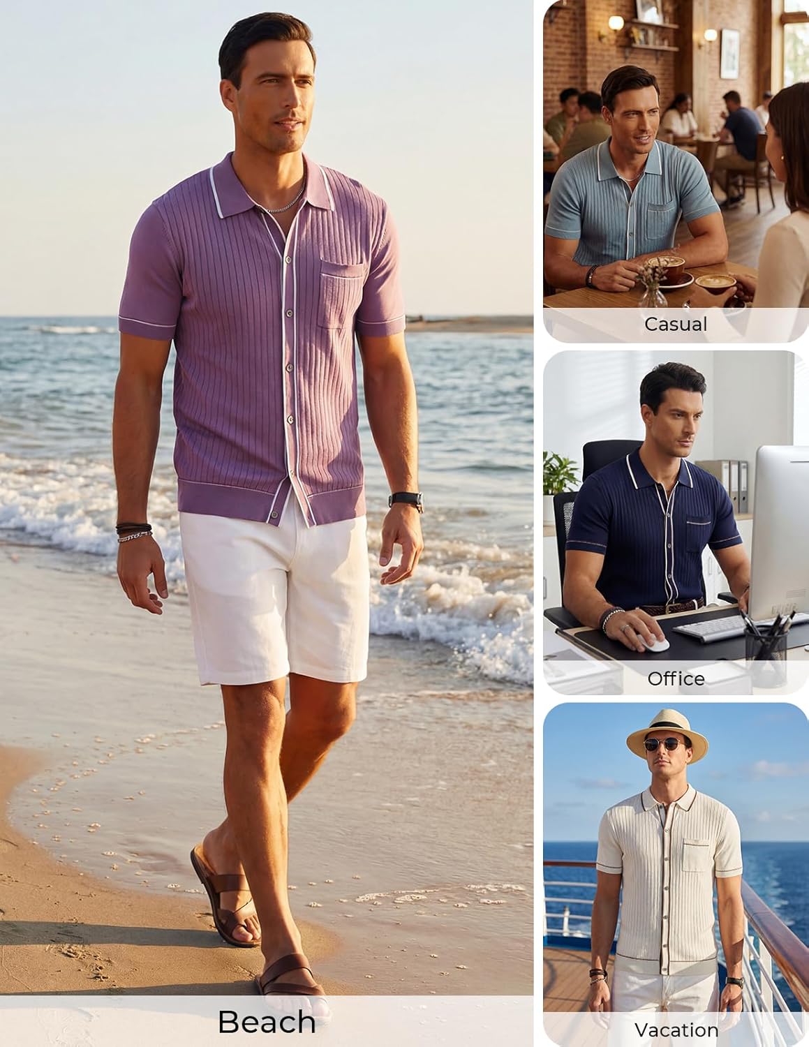 PJ PAUL JONES Mens Knit Shirts Short Sleeve Button Down Casual Shirt Vintage Old Money Polo Shirts Vacation Beach Tops