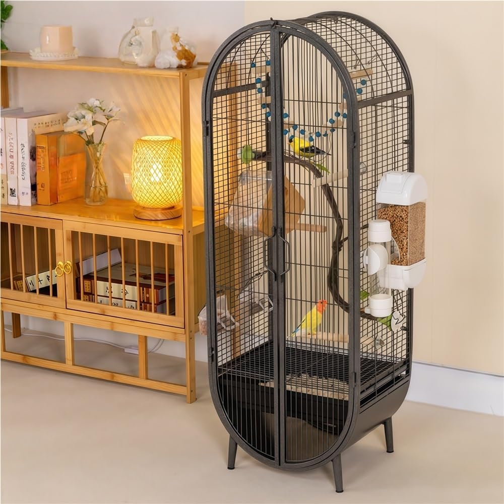 39.4-Inch Large Metal Bird Cage, Luxury Birdcage with Double Doors & Accessories, Freestanding Parrot Cage for Lovebirds, Cockatiels, Grey Parrots(Black)