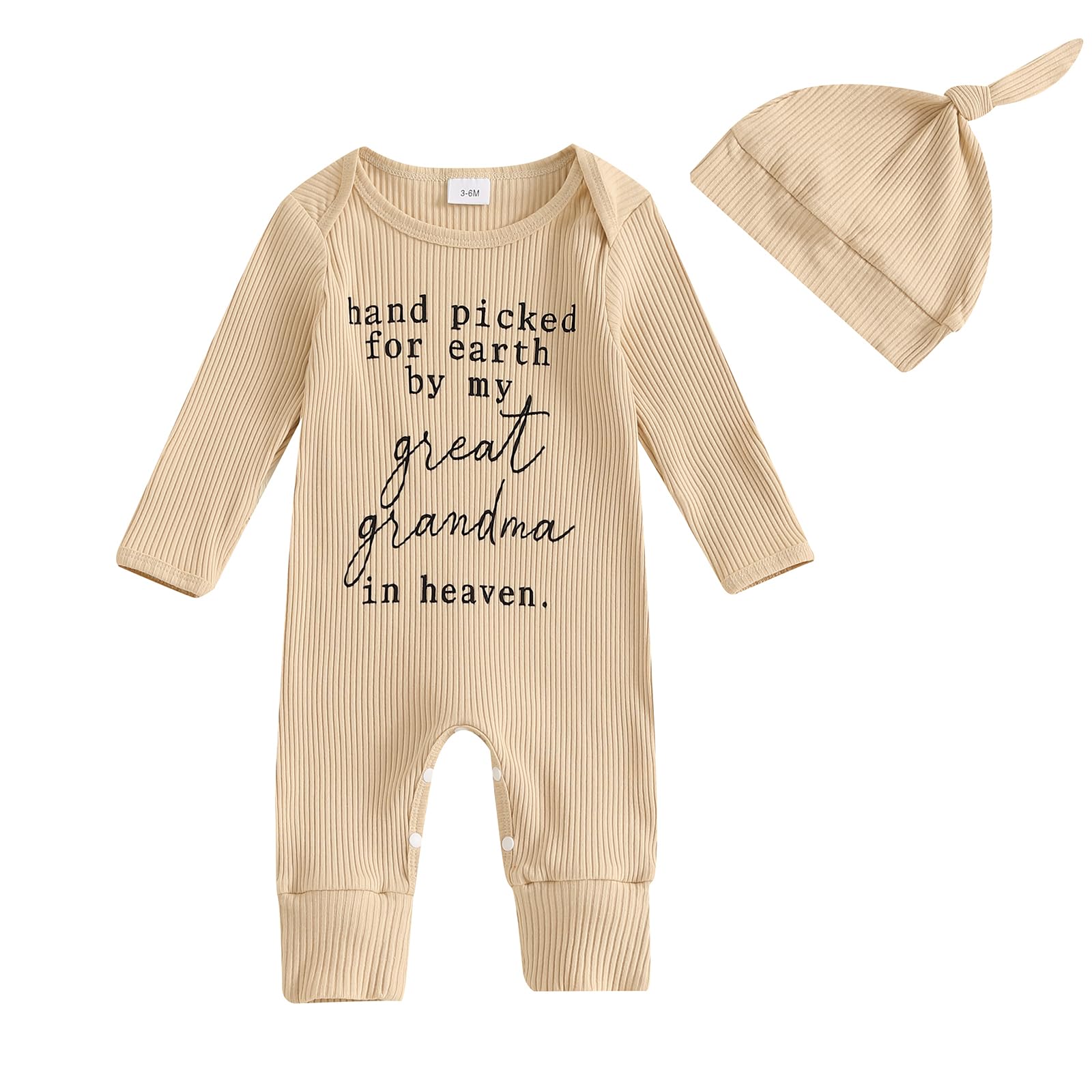 SAYOO Hand Picked For Earth By My Great Grandma Grandpa In Heaven Bodysuit Romper Newborn Baby Ribbed Jumpsuit Coveralls (Beige, 0-3 Months)