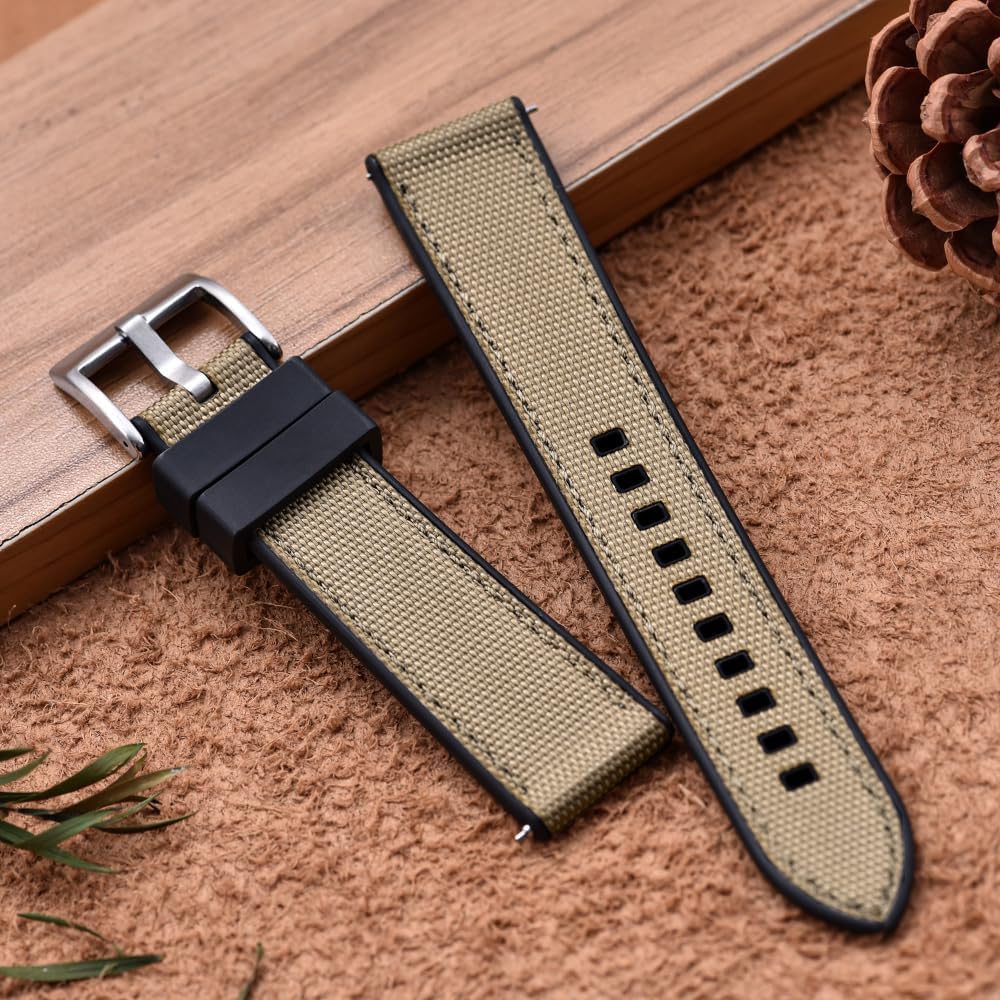 Premium Upgrades Soft Hybrid (Fkm/Fpm Rubber and Sailcloth) Watch Bands for Men,20mm 22mm Waterproof Quick Release Replacement Watch Straps,Silver/Black/Gold/Rose Gold Brushed Buckle