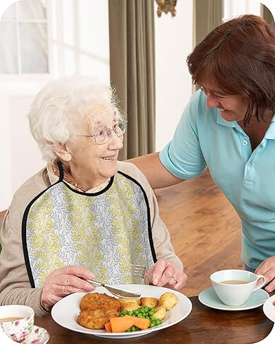 Miniatura 4 de Adult Bibs for Elderly Women - Yellow Grey Botanical Waterproof Dining Clothing Protectors with Crumb Catcher for Eating/Feeding, Pastoral Spring