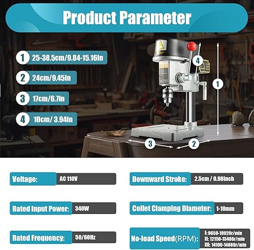 Miniatura 9 de Soporte de taladro de banco de 3 velocidades, prensa de taladro de banco de 110 V, prensa de bajo ruido, mini prensa de taladro de precisión para