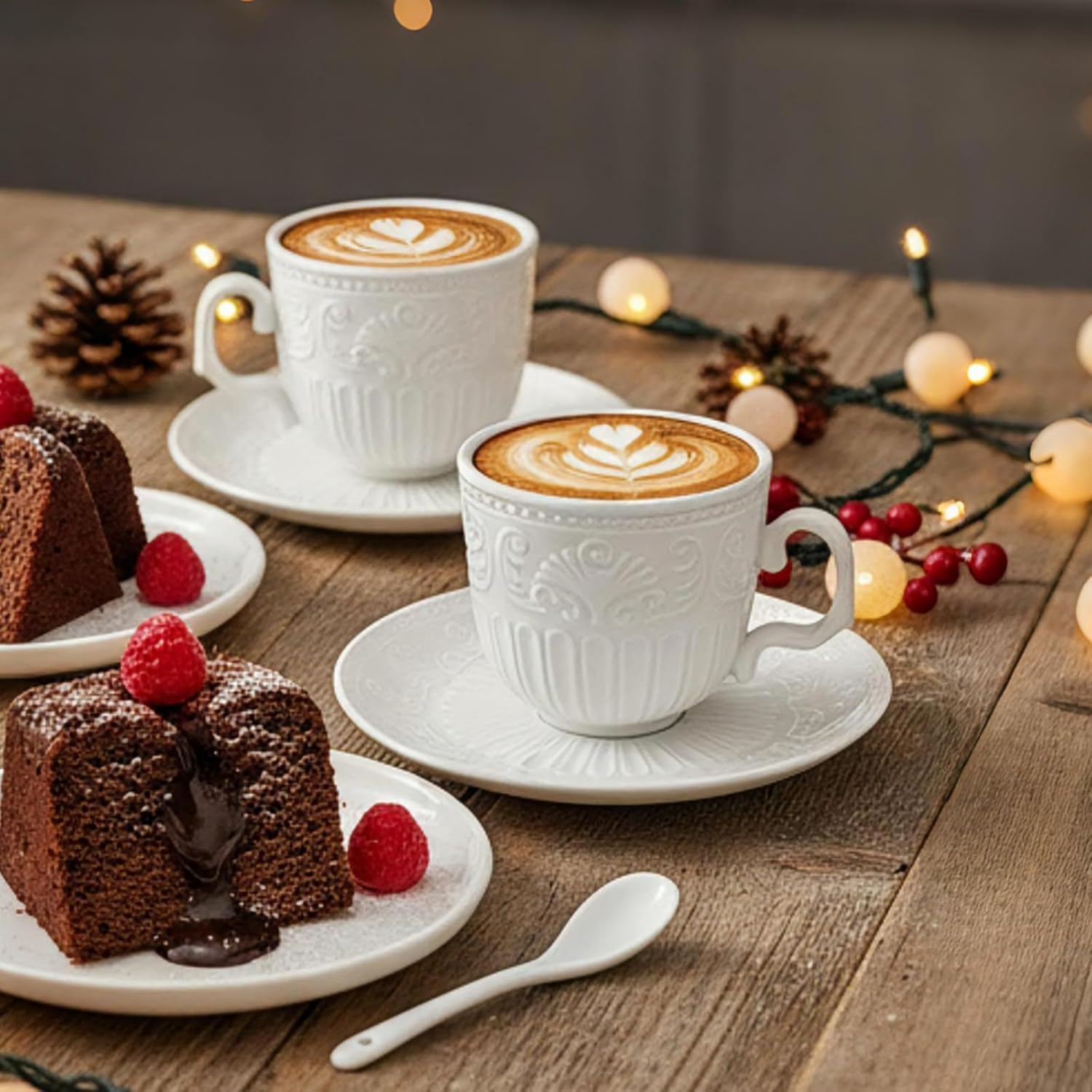 ZAVOOS Tea Cup and Saucer Set of 6, 6 Oz Vintage Porcelain Tea Cup with Spoon, Unique Embossed Floral Cappuccino Cups Sets for Latte, Cafe Mocha, Tea Party Decoration, Dishwasher Safe