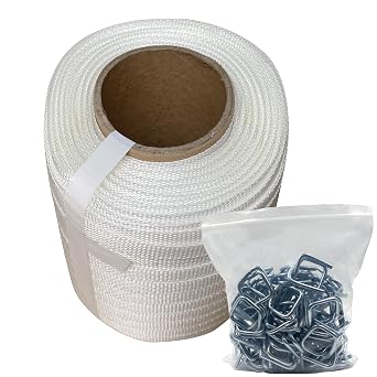 Heavy Duty 1/2" x 660Woven Cord Strapping Roll of 6" x 3" Core Size, 770 lbs Break Strength and 100 Galvanized Strapping Buckles
