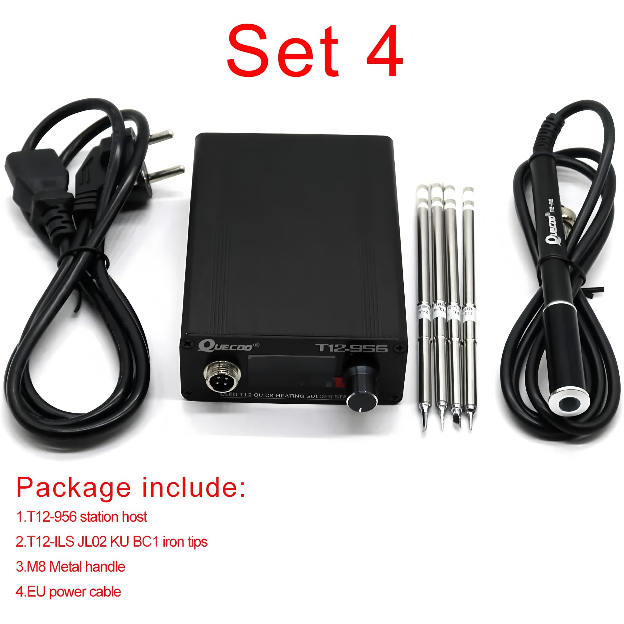 QUECOO T12-956 Löten Digitalstation Elektronischer Lötkolben OLED 1,3 Zoll mit schwarzem M8-Griff und T12 Lötkolbenspitzen (T12-956 Kit IV)