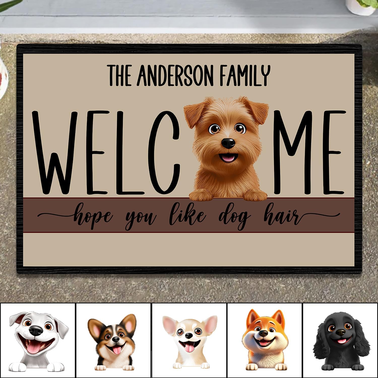 Personalized Pet Lover Welcome Mat – Custom Family Name with Playful Breed Illustrations – Durable Non-Slip Polyester Rug for Indoor and Sheltered Outdoor Use – Fade-Resistant Vibrant Colors