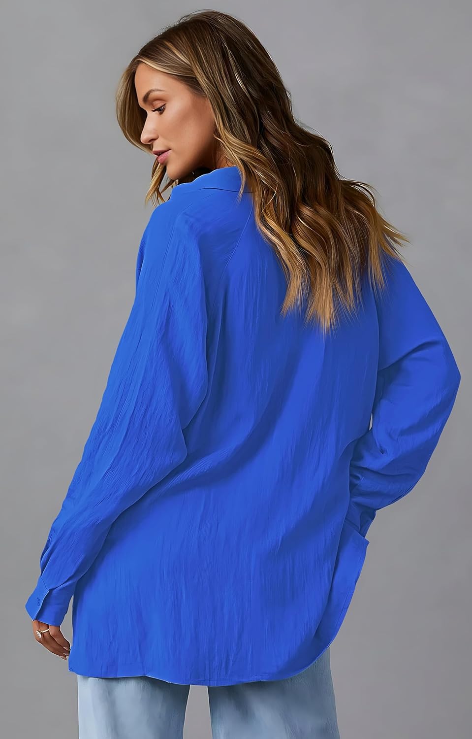 AISEW Womens Casual Button Down V Neck Shirts Raglan Long Sleeve Loose Fit Collared Work Blouses Tops with Pocket - Image 2