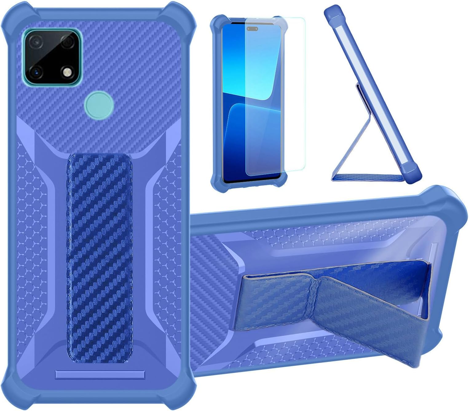 Case Compatible for Oppo Realme Narzo 30A Rmx3171 Phone Case Stand Cover [with 1* TempeBlue Glass Screen Protector] Hybrid Case [Folding Support Magnetic] [Frosted Anti-Fingerprint] ZJBB-Blue
