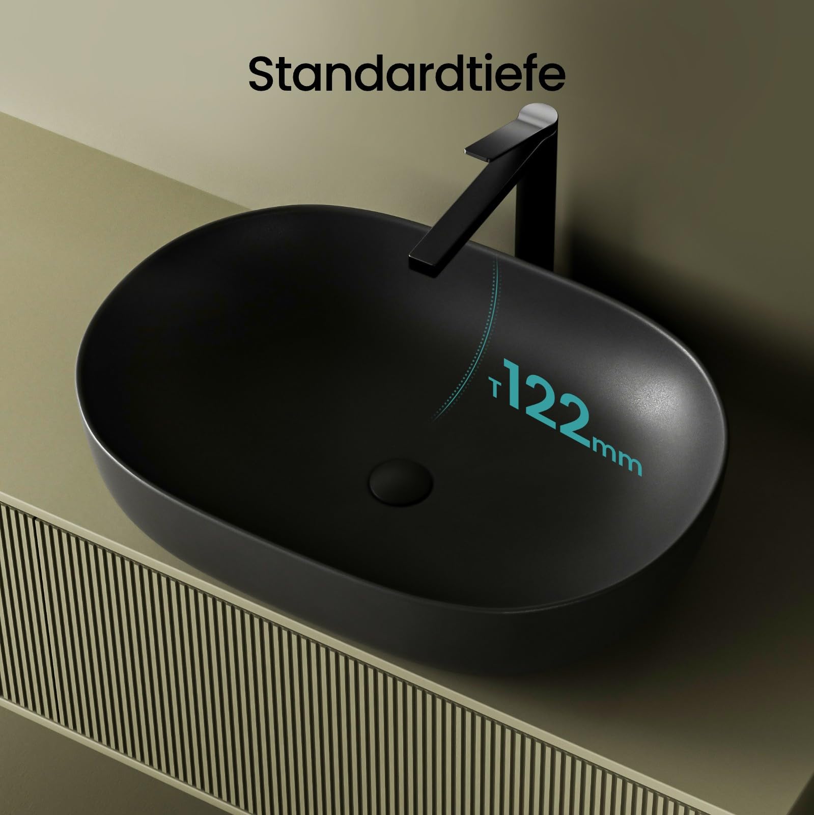 EMKE Lavandino da appoggio ovale 60 x 41 x 13 cm, nero opaco, antigraffio, facile da installare e pulire, lavabo per bagno e WC per ospiti