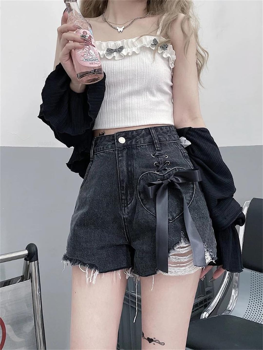Vintage Denim Shorts Women Large Korean Sweet Hearts Bow Bandage Hole Short