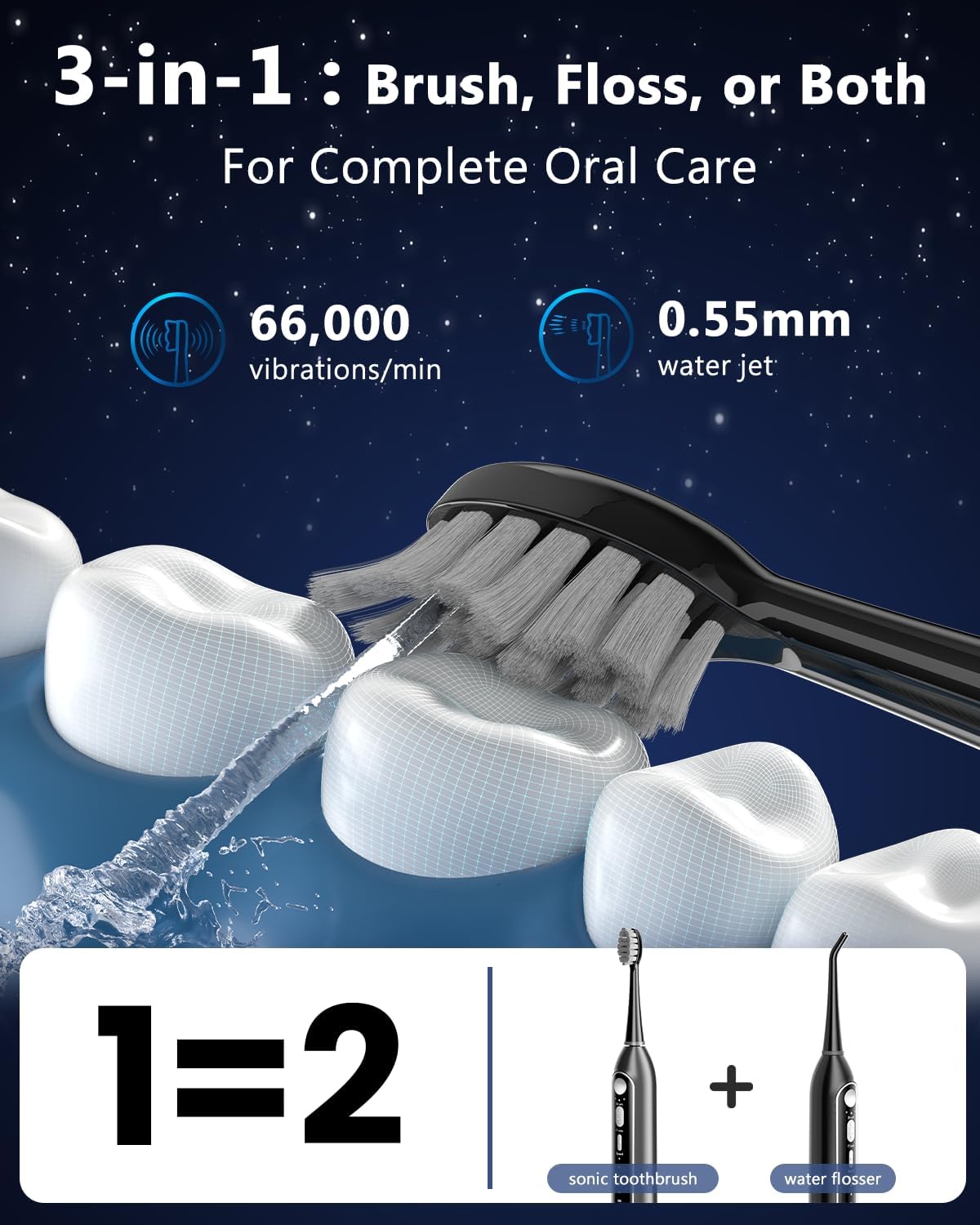 3-in-1 Flossing Toothbrush – Flosses, Vibrates and Oscillates, Electric Toothbrush with Water Flosser for Adults, 5 Brush Heads, 3 Modes for Plaque Removal, Sensitivity & Braces, Travel (Black)