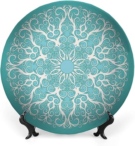 LIGUTARS Platos de cerámica, platos de cerámica decorativos turquesa, curvas florales simétricas circulares simétricas, 10 pulgadas, para comedor,