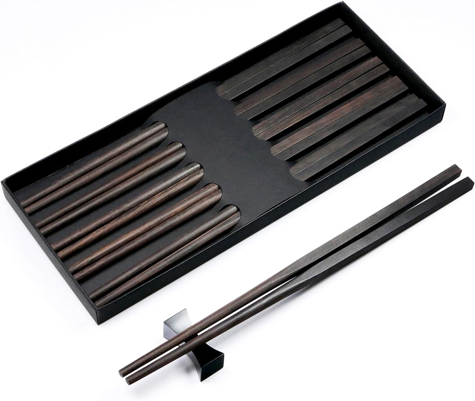 5 Pairs Natural Black Ebony African Black Wood Chopsticks Reusable in Fine Matte Finish Without Lacquer Wax and Varnish - Square handles - Classic Chinese or Japanese Style - Box Set New Year Gift