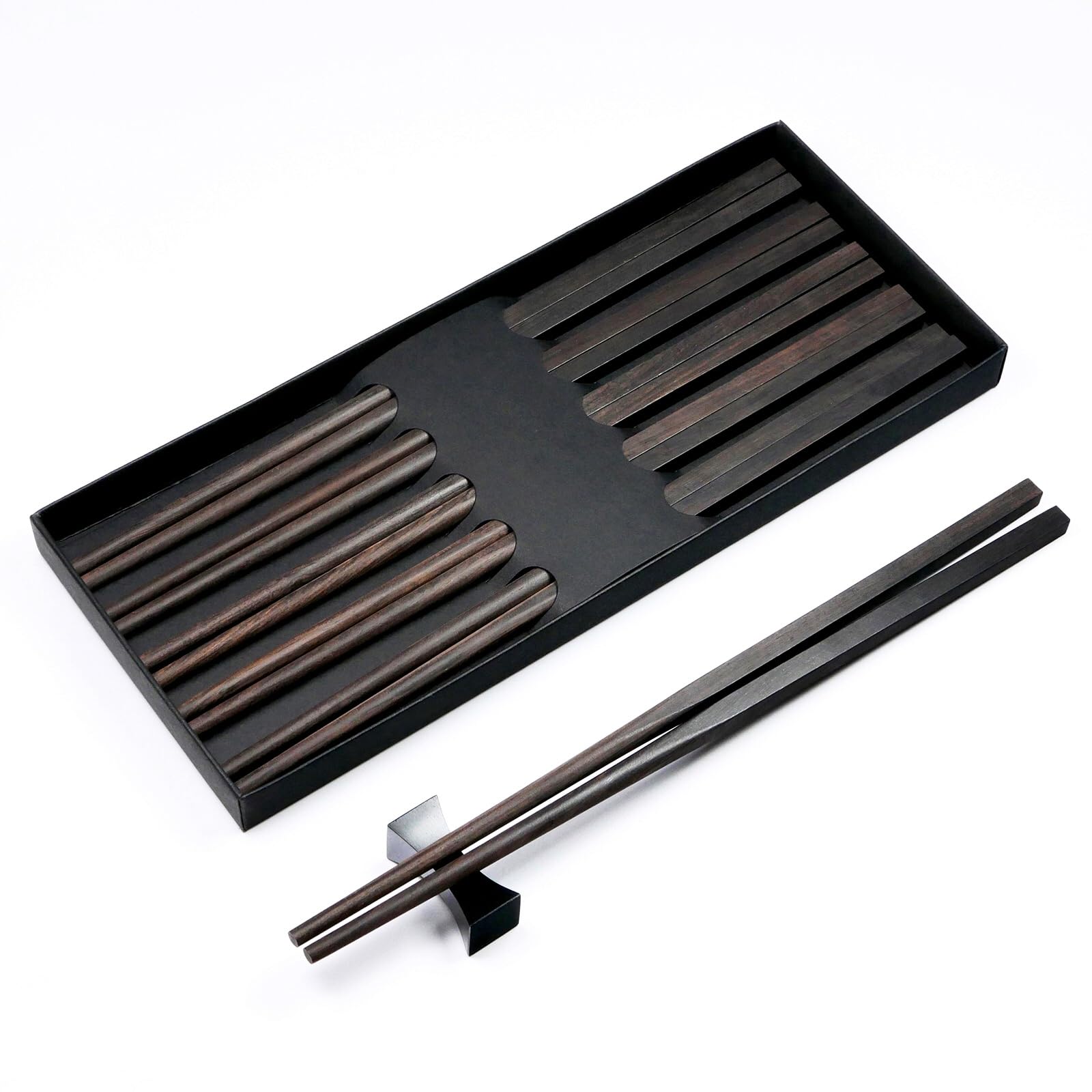 5 Pairs Natural Black Ebony African Black Wood Chopsticks Reusable in Fine Matte Finish Without Lacquer Wax and Varnish - Square handles - Classic Chinese or Japanese Style - Box Set New Year Gift