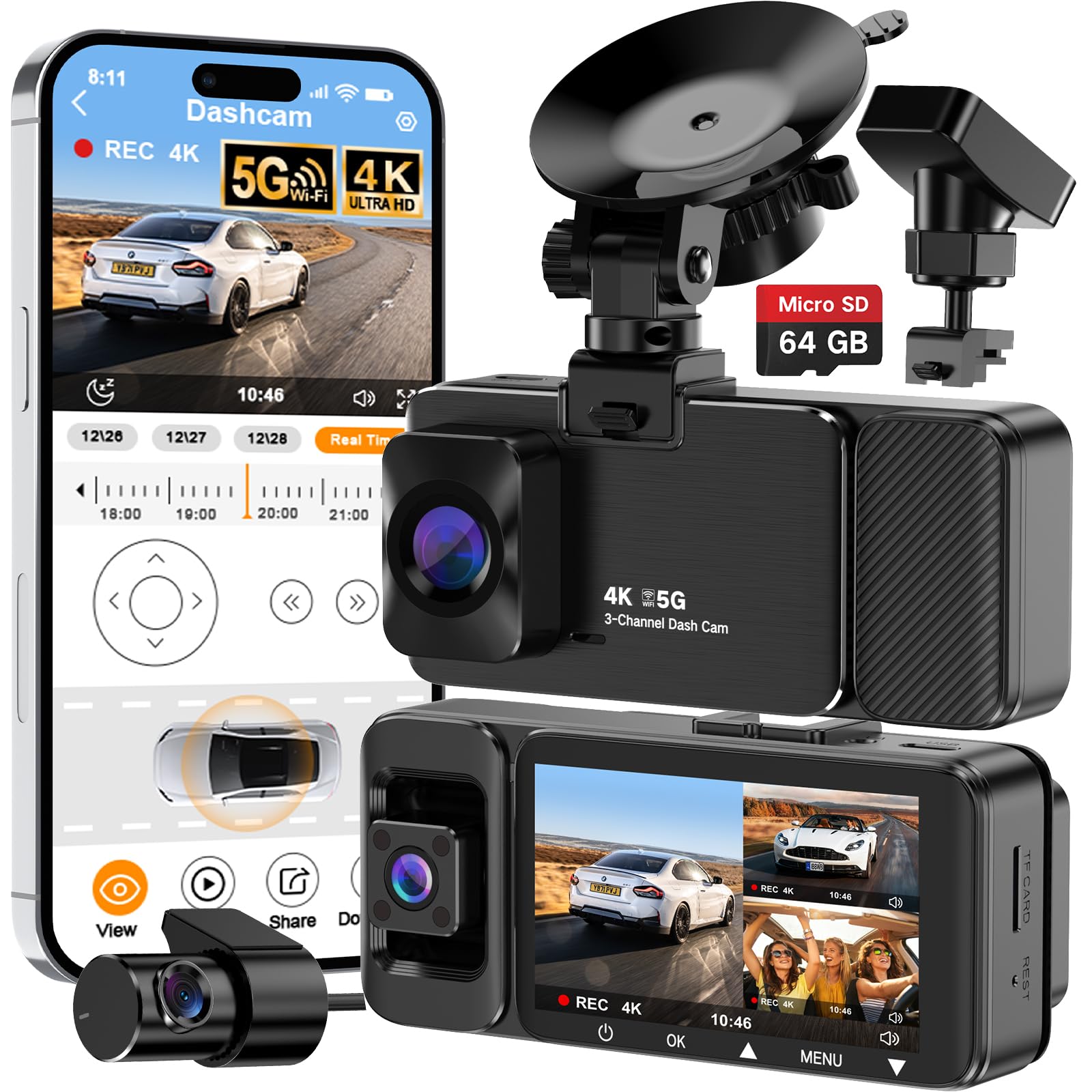 3 Channel 4K Dash Cam Front and Rear Inside Wide-Angle 360 Camera for Car with 64GB Card Included