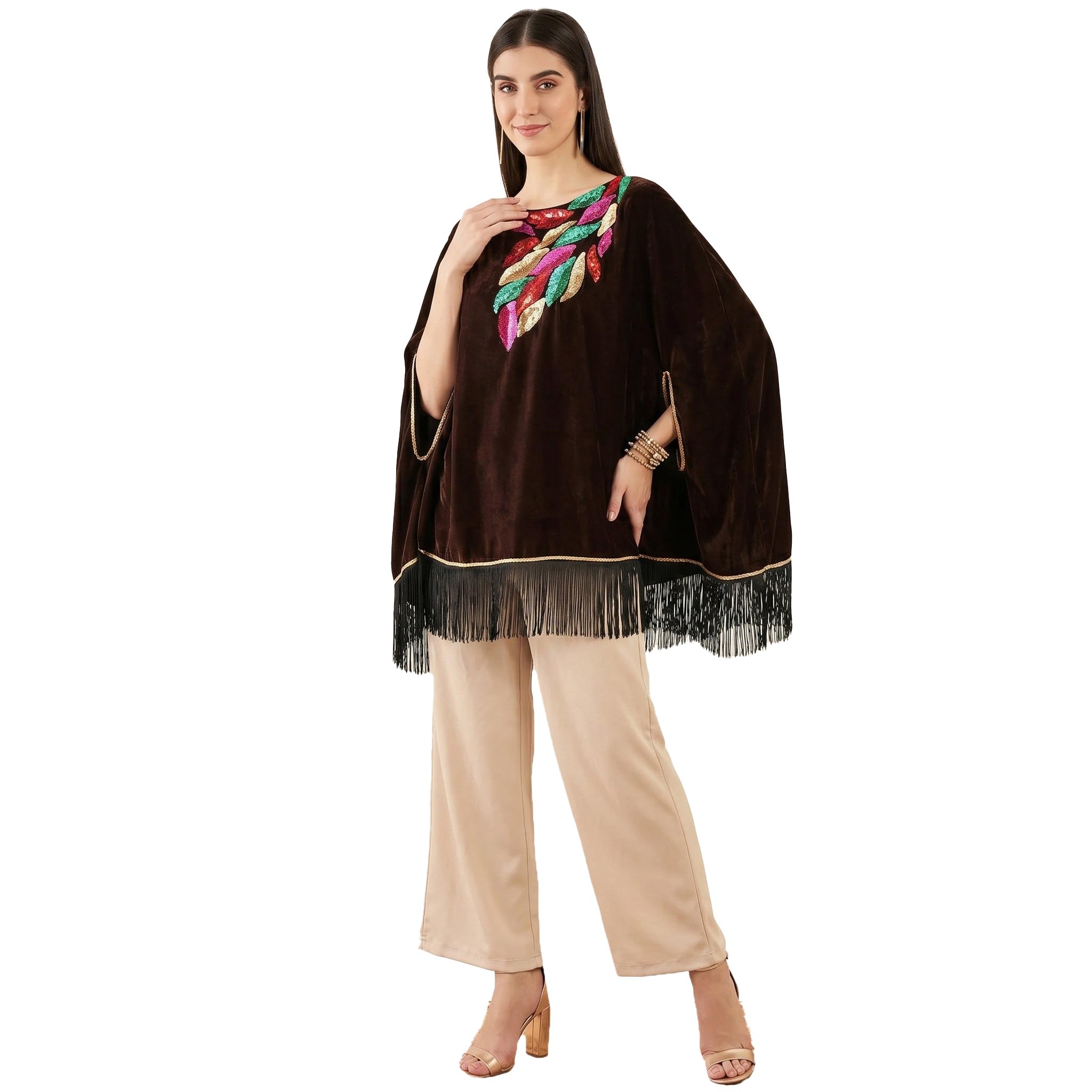 first resort Brown Sequinned Velvet Poncho in Micro Velvet - Top for Women by Ramola Bachchan-picture-13