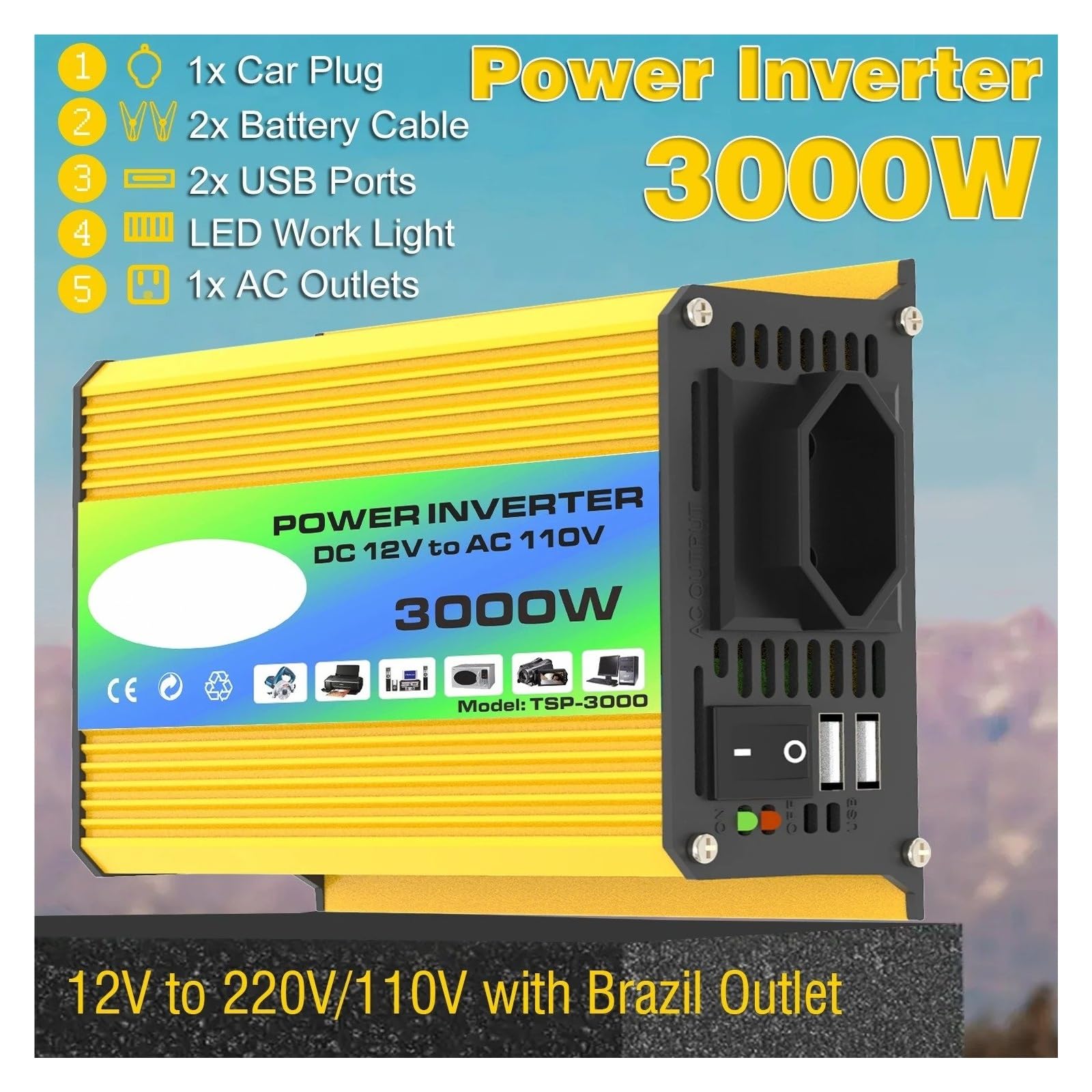 Power Inversor Corriente Inversor Corriente Máxima Coche 300W Clasificación 3000W 12V CC 220V CA Enchufe Europeo USB Dual Carga Rápida 42a Luz LED 8 Protecciones(Universal 12V 220V)