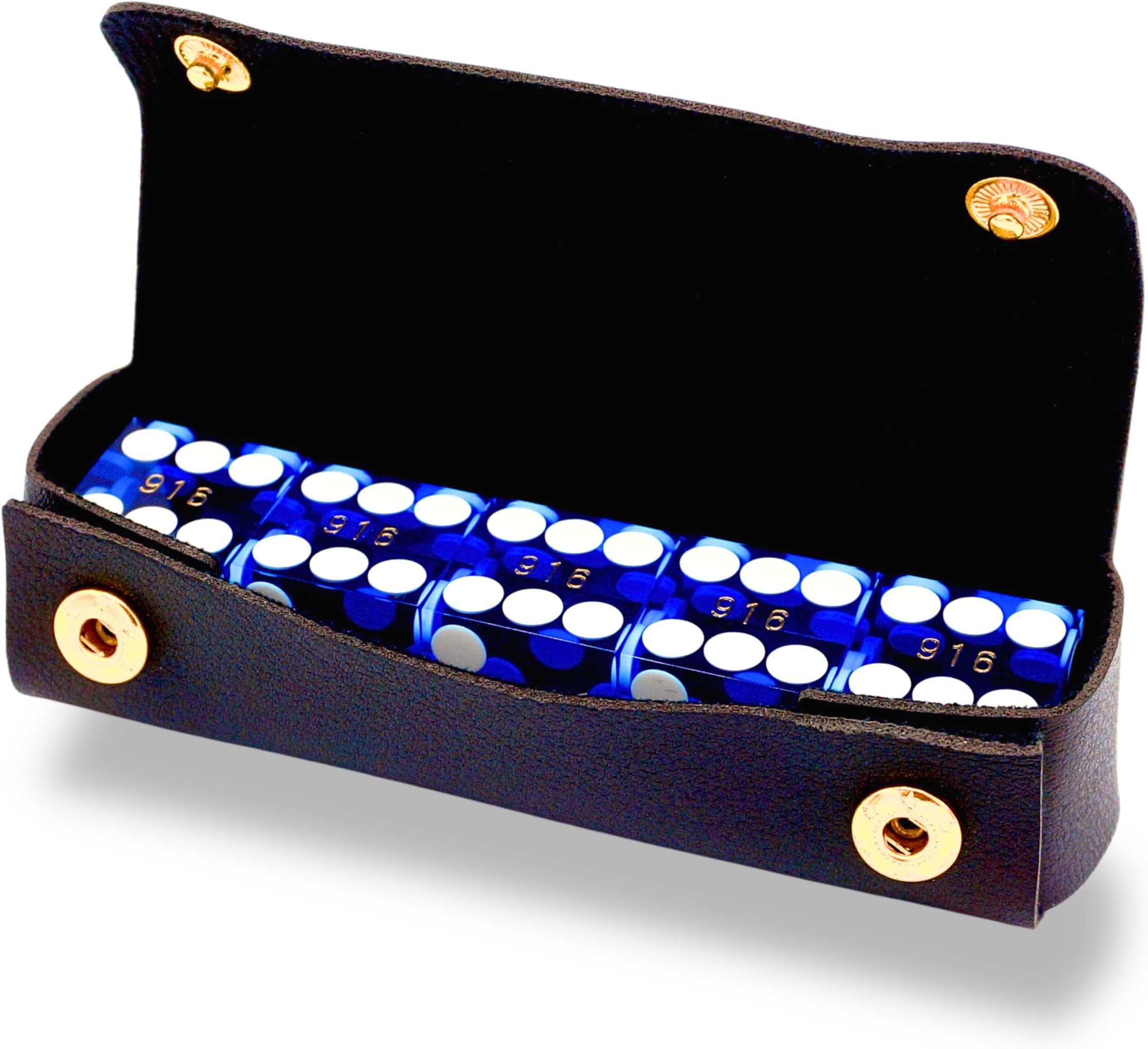 Luck Lab Grade AAA 19mm Casino Dice with Razor Edges and Matching Serial Numbers Set of 5 and Leather Dice Case, Blue
