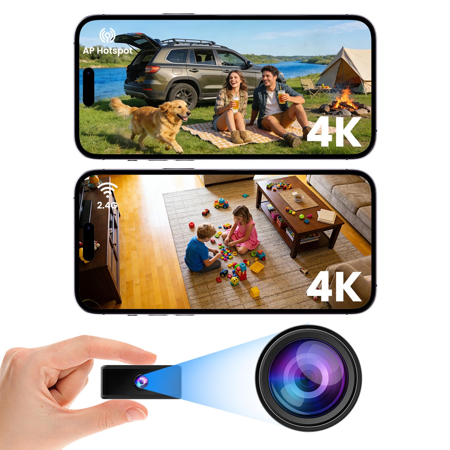 UCOCARE KameraÜberwachung innen, WLAN oder Ohne WLAN Optional, 4K Mini Kamera mit 64GB Speicherkarte, 6 Stunden Akkulaufzeit mit Einer Ladung (Hell Schwarz)