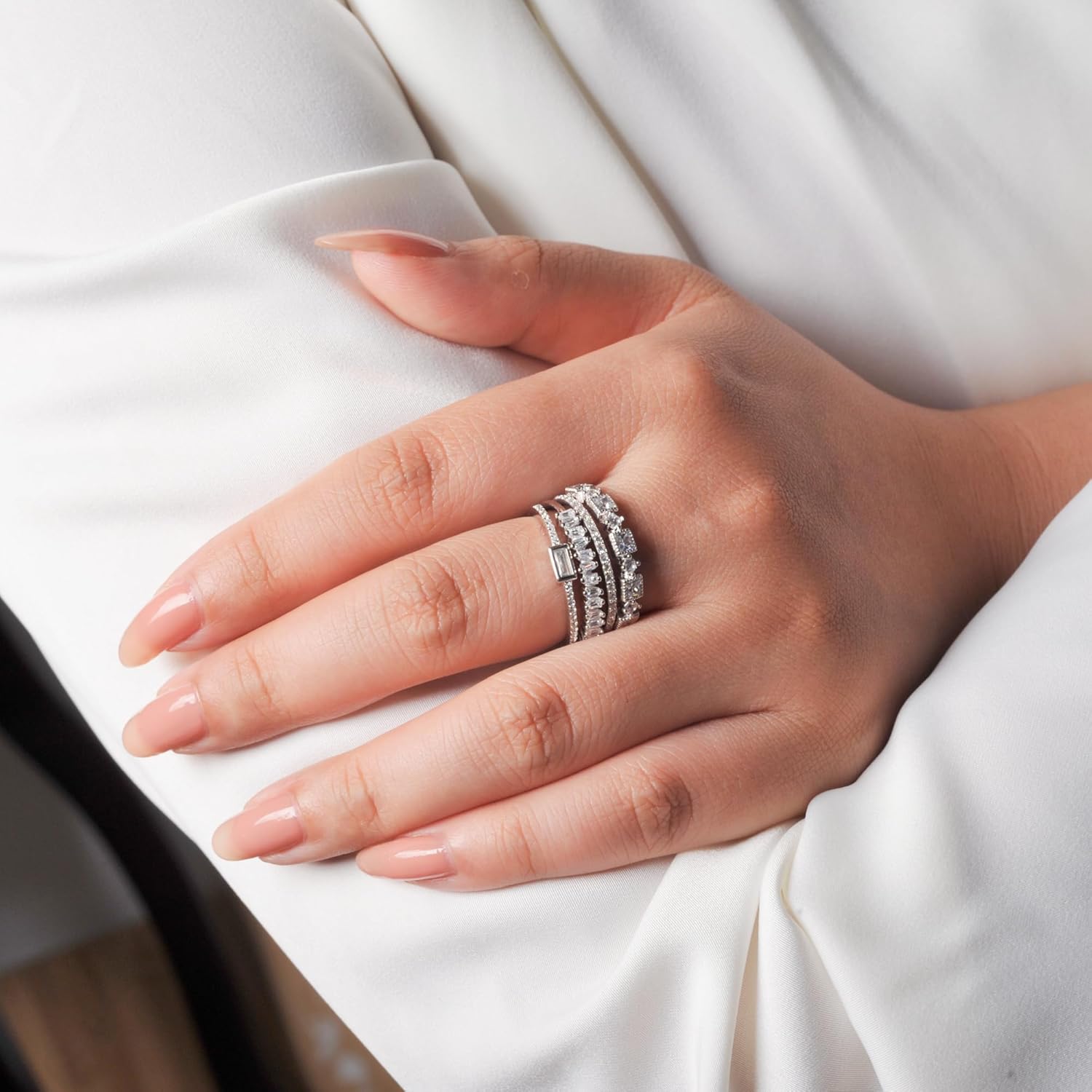 4 Pcs Cubic Zirconia Wedding Bands for Women 925 Sterling Silver, 14k White Gold Plated AAA CZ Solitaire Eternity Rings, Stackable Simulated Diamond Engagement Wedding Ring Sets for bride - Image 8