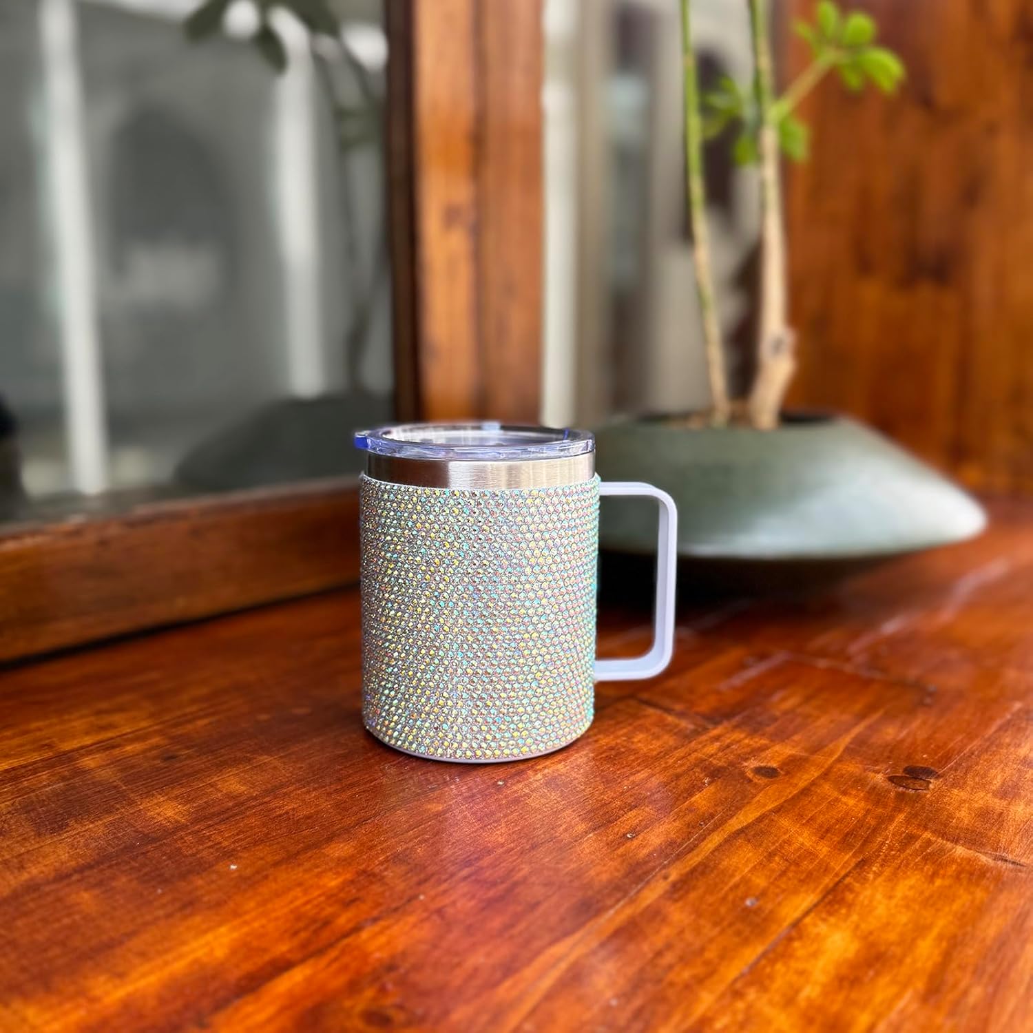 12oz Bling Travel Coffee Mug with Handle and Lid Rhinestone Insulated Coffee Mug Stainless Steel Vacuum Reusable Glitter Coffee Tumbler Thermal Cup for Home and Office (Northern Light) - Image 5